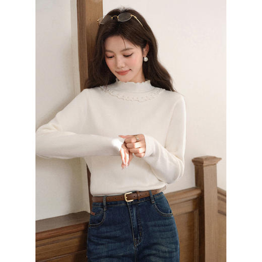 鹿向南「软糯花香」杏色长袖针织衫女早秋小众设计感半高领打底衫 商品图0