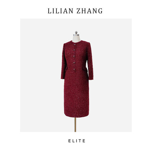 定制静奢风—法式雅蕴—香榭丽舍—高定酒红金丝小香风连衣裙2501217 商品图0