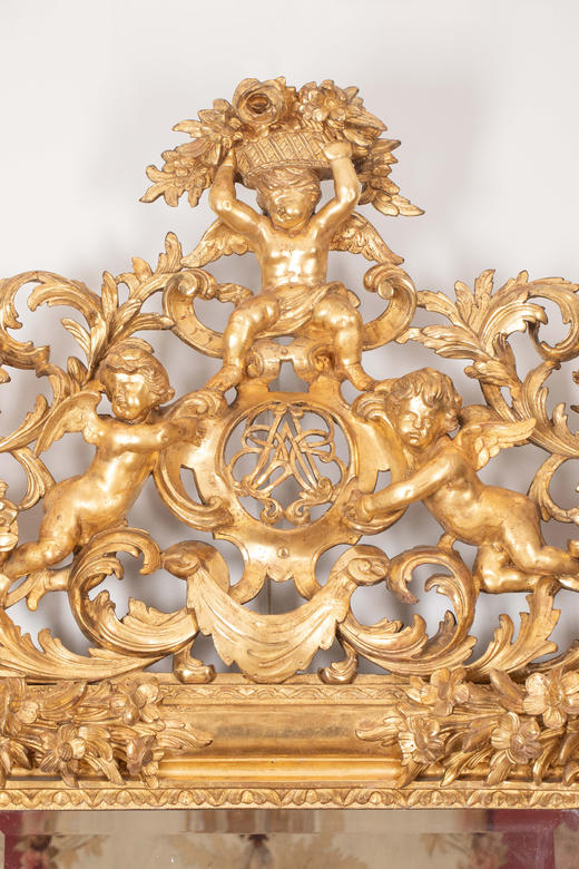 独角鹿西洋古董18世纪末法国出品路易十五风格爱神小天使主题木鎏金精雕大型挂镜 商品图2