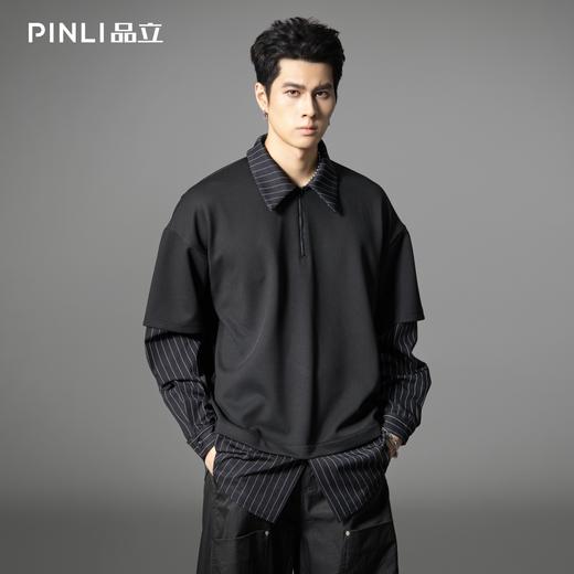 PINLI品立2025秋季新款衬衫领拼接条纹卫衣假两件宽松休闲上衣潮B253109053 商品图0