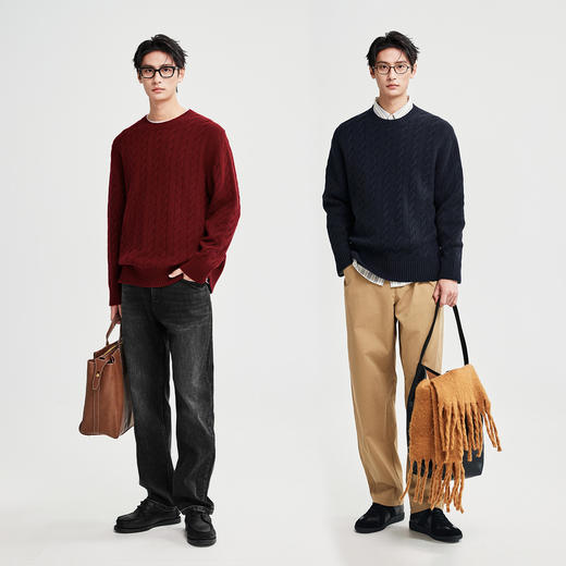 棉仓367826014-美丽诺全羊毛绞花麻花毛衣男秋冬复古老钱 商品图3