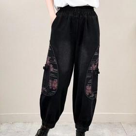 复古民族风新款女牛仔拼接宽松盘扣百搭哈伦裤舒适洋气印花显瘦