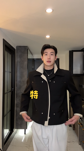 G703SDSA男士秋冬新款痞帅男装时尚多口袋拼皮翻领夹克外套百搭宽松