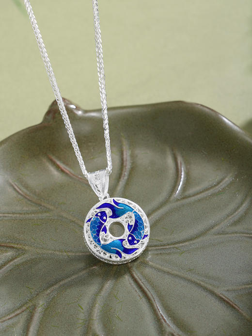 子佩集【好运连鲤】S990银套链【YXYLDZ056】花丝珐琅彩双鱼平安扣福字项链2510 商品图5