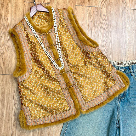 OG 8697新中式国风水貂毛时尚拼接圆领贵气夹棉开衫马甲 商品图0