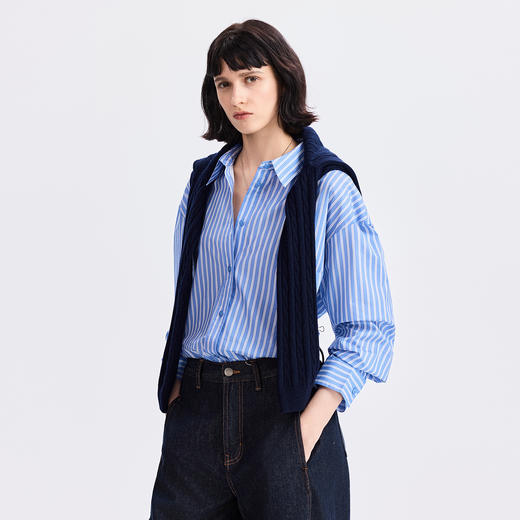 棉仓366604034-蓝色印花条纹长袖衬衫女25秋冬纯棉微宽松显瘦叠穿衬衣 商品图0