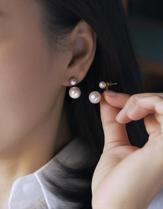 伽罗 JALO 18K黄金6mm和10mm 双珠高等级淡水珍珠耳环 商品图1