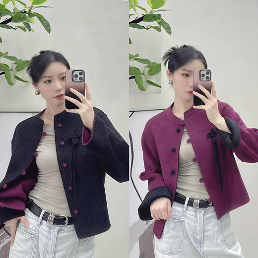 SZ6A02_凝脂色/栗壳色/烟墨色_大衣_秋冬_圆领中式盘扣流苏装饰宽松落肩短款_高级女装_BERNIEELEN 伯妮斯茵 商品图3