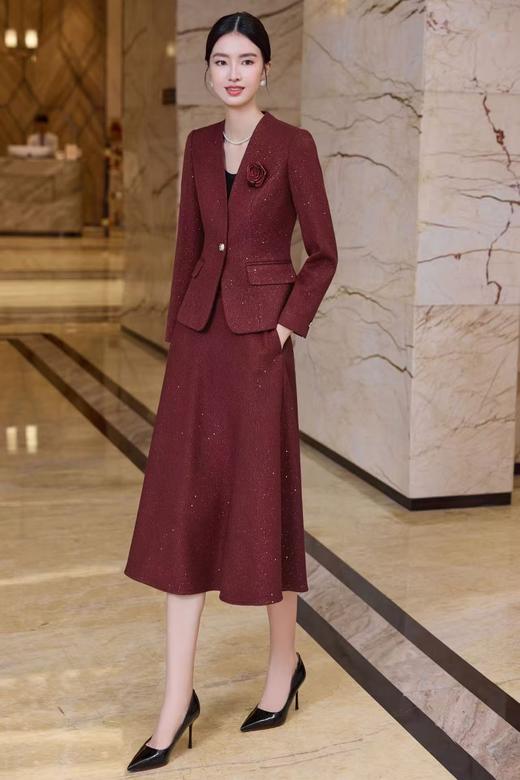 SZ6A01_胭脂色_上衣外套_秋冬_V领一粒扣收腰修身亮丝提花西装_高级女装_BERNIEELEN 伯妮斯茵 商品图2