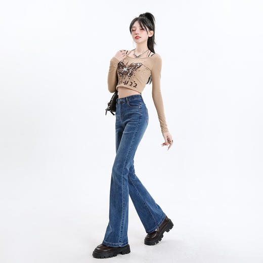 【加绒加厚】罗蒙女士冬款微喇牛仔裤百搭舒适高腰显瘦牛仔长裤休闲通勤女裤 商品图3