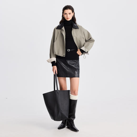 棉仓366607028-撞色拼接领巴恩风短款外套女25秋冬设计感pu皮领夹克拉链上衣 商品图3