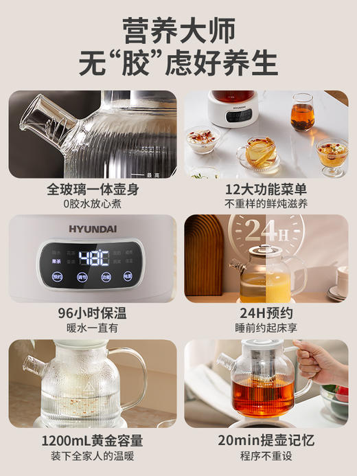 HYUNDAI 现代全玻璃养生壶  KBE818A带炖盅（配滤网+炖盅） 1L 商品图1