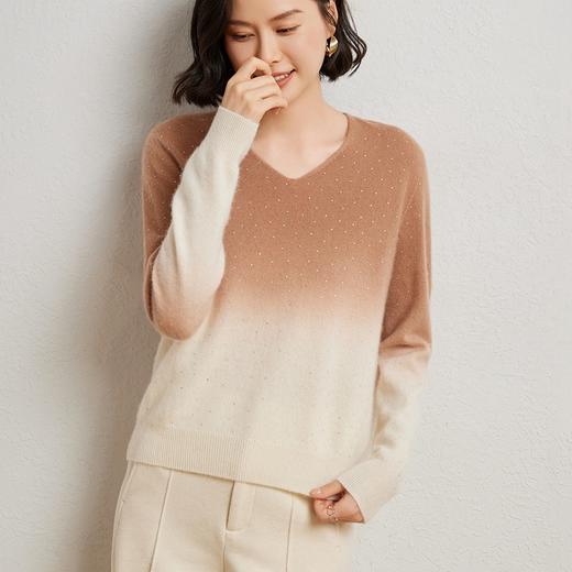 「老顾客福利羊绒羊毛衫」秋冬新款重工吊染烫钻羊绒衫女2025渐变色宽松套头毛衣显瘦羊毛打底衫73433 商品图2
