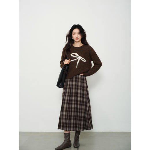 鹿向南「梧桐落叶」咖色格纹高腰a字半身裙女早秋巨显瘦垂感长裙 商品图1