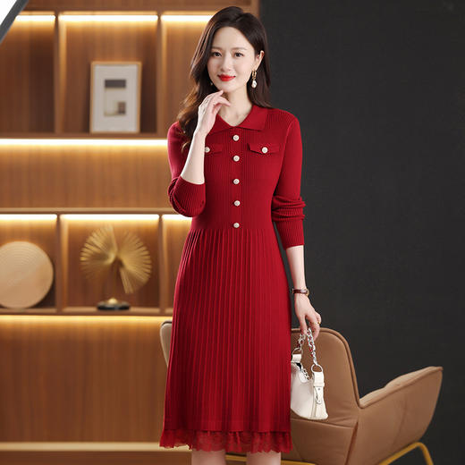 FCY 88819法式气质翻领拼接蕾丝裙针织连衣裙 商品图4