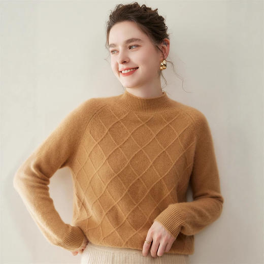 「高货rg」全新升级【铂金会员367/天猫499/差价132】(00316)洛诗琳气质半高领羊绒衫2025秋冬新款加厚菱格针织毛衣女 商品图3