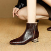 【预售5天】时尚牛皮金属电镀跟短筒时装靴方头侧拉链酒红色加绒中粗跟短靴女NJMK&K1772 商品缩略图1