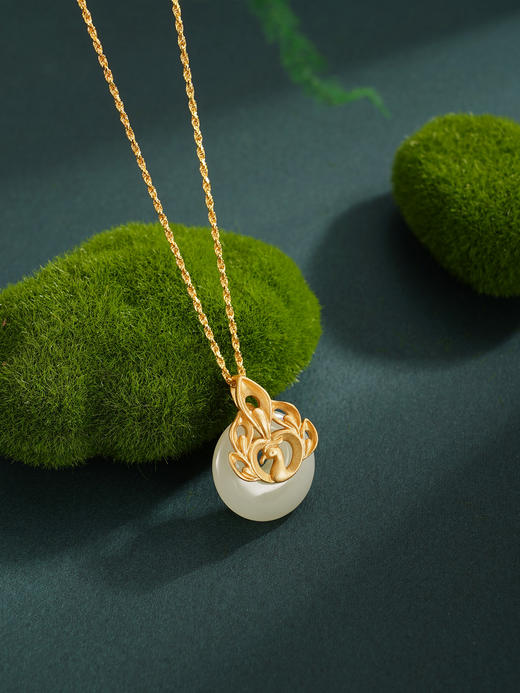 子佩集【翎舞芳华】S925银套链【DZ04976】镀金孔雀平安扣和田玉古法银项链2510 商品图9