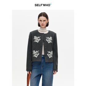 SELFWHO纯绵羊毛刺绣花纹灰色单面呢大衣女2025冬新款保暖短外套