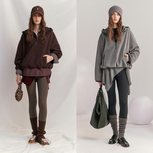 棉仓366607023-半门襟套头双面摇粒绒外套女25秋冬撞色连帽短款保暖灰色上衣 商品图3