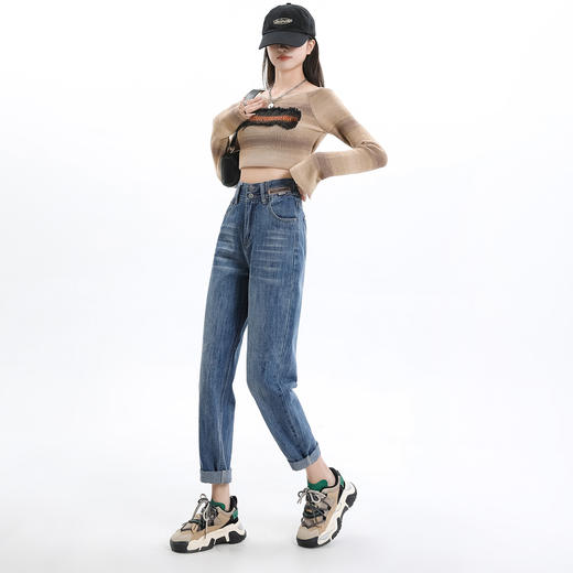 【加绒加厚】罗蒙女士高腰牛仔裤双排扣直筒显瘦宽松百搭通勤女长裤 商品图2