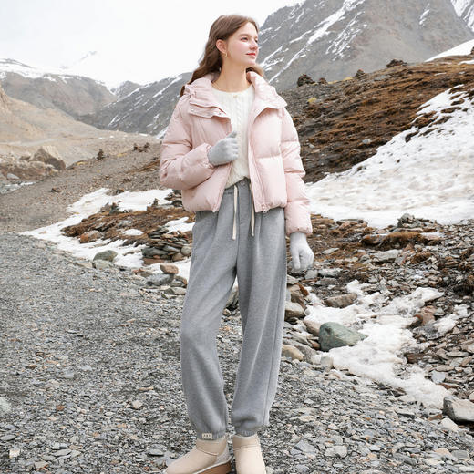 三彩2025冬季新款短款羽绒服连帽白鸭绒面包服宽松纯色简约女 商品图1