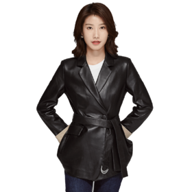 ZZ804800103 一米阳光Ameter sunlight时尚新款撞色西装领真皮皮衣三十中长款腰带显瘦绵羊皮皮草外套女