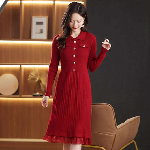 FCY 88819法式气质翻领拼接蕾丝裙针织连衣裙 商品图0