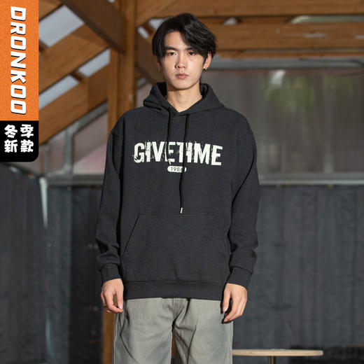 DRONKOO 2025 连帽前胸后幅字母斜纹复合绒微阔厚卫衣 商品图0