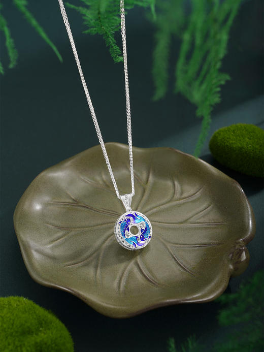 子佩集【好运连鲤】S990银套链【YXYLDZ056】花丝珐琅彩双鱼平安扣福字项链2510 商品图0