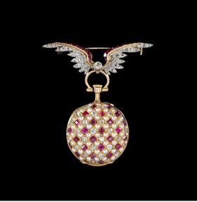 独角鹿西洋古董 1910年代法国出品羽翼造型18K黄金镶嵌钻石红宝石及天然海水珍珠胸针怀表