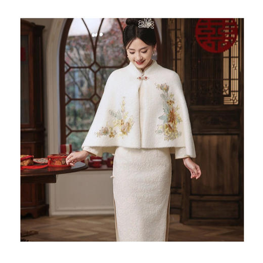 刺绣披肩新娘装 复合蕾丝长款旗袍两件套国风旗袍 商品图4