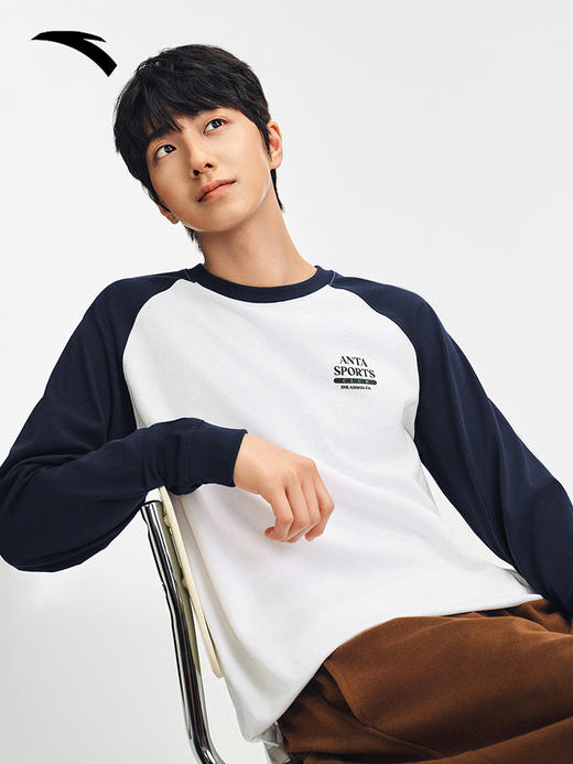 安踏纯棉长袖t恤男装插肩袖简约打底衫运动上衣152538402-1 商品图0