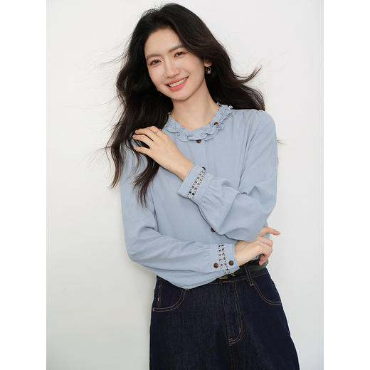 鹿向南「青珀时间海」木耳边蓝色长袖衬衫女早秋新款好看内搭上衣 商品图3