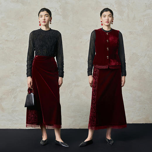 【林栖设计小店】真丝丝绒半身裙拼桑蚕丝复古绣花2025秋冬新款宽松裙子女1954003 商品图2