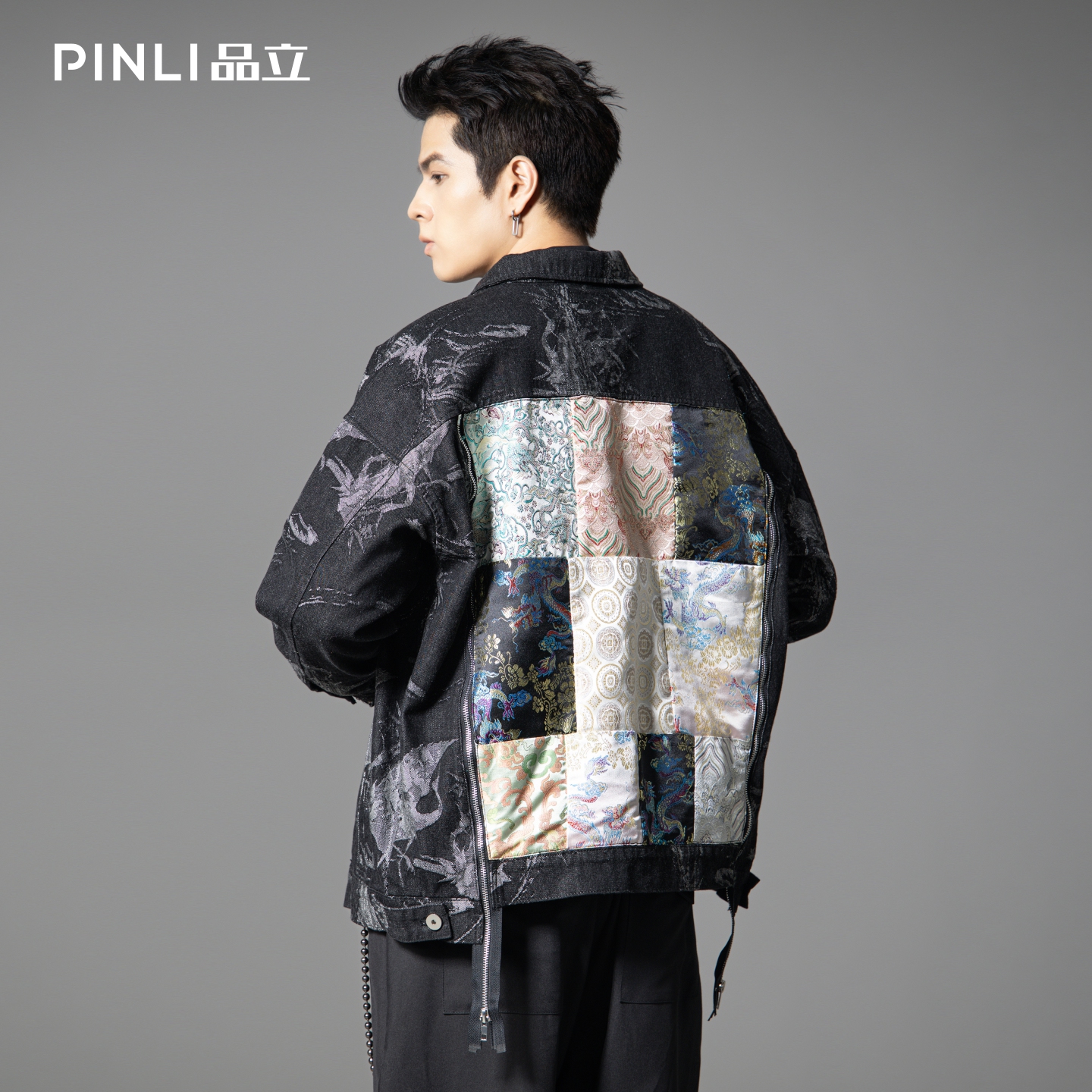 PINLI品立2025秋季新款中国风提花牛仔外套男拉链拼接宽松潮外套B253104028