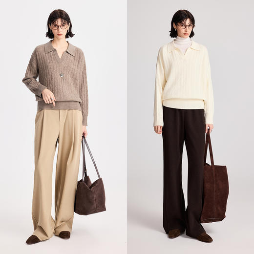 棉仓366635052-全羊毛翻领复古绞花毛衣女25秋冬加厚保暖针织上衣宽松显瘦 商品图3