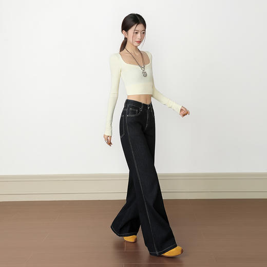 【加绒加厚】罗蒙女士冬款深蓝色微喇牛仔裤宽松休闲时尚复古显瘦女长裤 商品图1