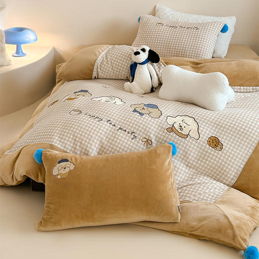 多喜爱 暖暖绒保暖四件套小狗的午后派对/雪人与梦精灵hl【6.8度升温】【立体刺绣】【高克重暖绒】萌趣毛球 一触即暖 商品图12