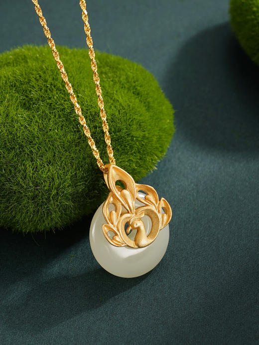 子佩集【翎舞芳华】S925银套链【DZ04976】镀金孔雀平安扣和田玉古法银项链2510 商品图3