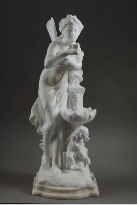 独角鹿西洋古董 19世纪法国著名雕塑家Math. Moreau签名创作人物主题大理石雕塑《泉边仙女》