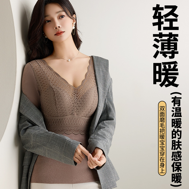 【有颜值有温度❗️蕾丝保暖内衣】轻盈保暖「暖化这个冬天」采用磨绒面料工艺，添加锻彩色纱，轻暖有型，减轻身体负担，全新轻快暖体验，防风发热锁温自带胸垫保暖背心女L