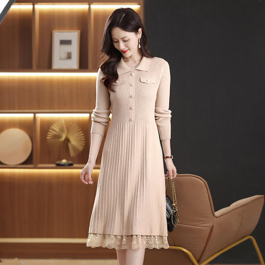 FCY 88819法式气质翻领拼接蕾丝裙针织连衣裙 商品图1