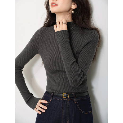 鹿向南「午夜巴黎」深灰色半高领条纹针织衫女秋打底修身显瘦上衣 商品图3