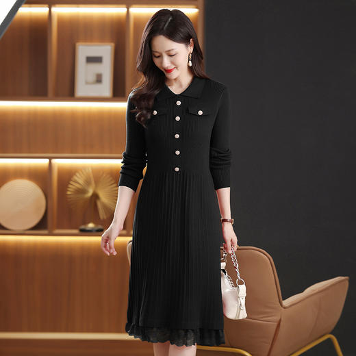 FCY 88819法式气质翻领拼接蕾丝裙针织连衣裙 商品图3