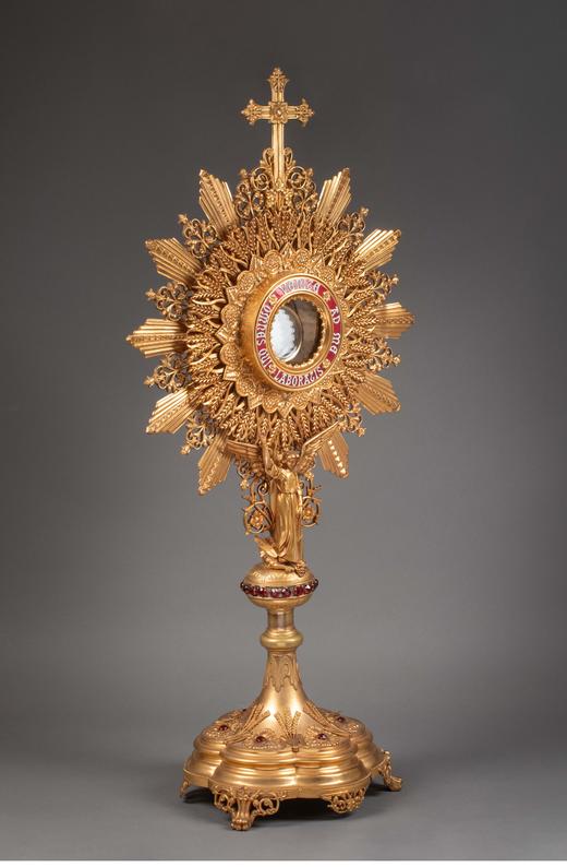 独角鹿西洋古董 19世纪法国出品新哥特风格圣米迦勒屠龙主题铜鎏金精雕镶嵌红宝石珐琅彩绘摆件 商品图2