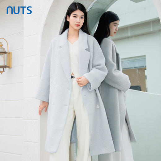 NUTS商场同款冬款气质百搭通勤蓝色双面毛呢大衣长外套女4441501A1 商品图3