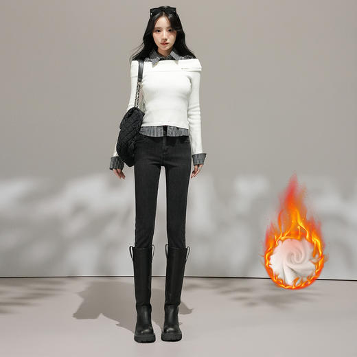 【加绒加厚】罗蒙女士冬款薄绒修身显瘦牛仔裤简约通勤百搭女长裤九分裤 商品图1