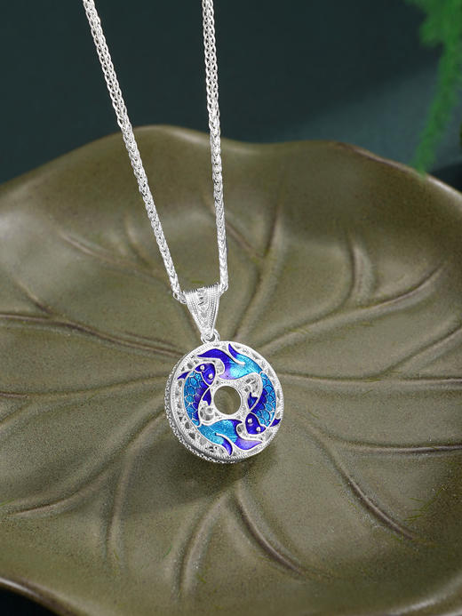 子佩集【好运连鲤】S990银套链【YXYLDZ056】花丝珐琅彩双鱼平安扣福字项链2510 商品图1