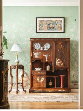 【已售】独角鹿西洋古董 19世纪法国出品东方风格瑞兽蟠龙造型铜鎏金精雕装饰花鸟主题嵌母贝多宝阁式展柜